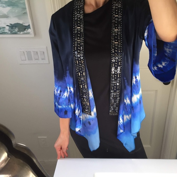 Blue Tie Dye Beaded Silk Kimono Cardigan - Picture 5 of 8